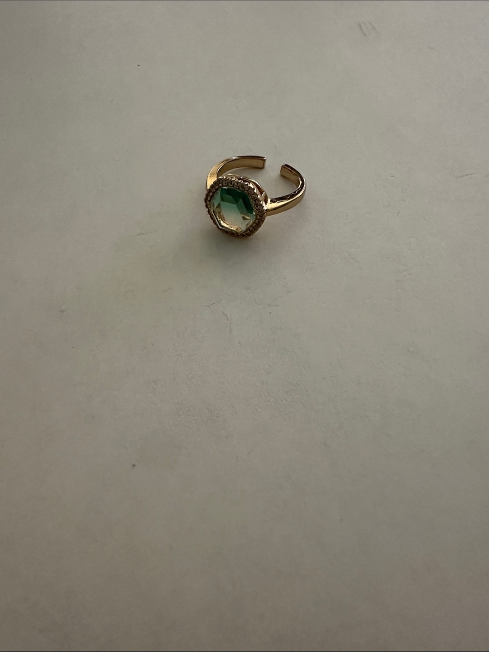 Gold Tone Open Sizing Ring with Green Faceted Stone